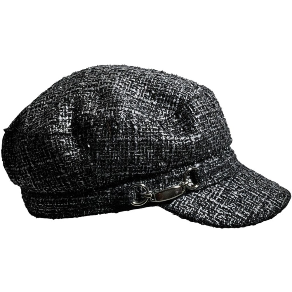 August Tweed Baker Boy Hat Black Silver Metallic Newsboy Cap Horsebit Detail